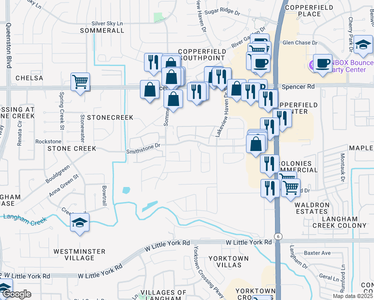 map of restaurants, bars, coffee shops, grocery stores, and more near 6723 Camden Valley Court in Houston