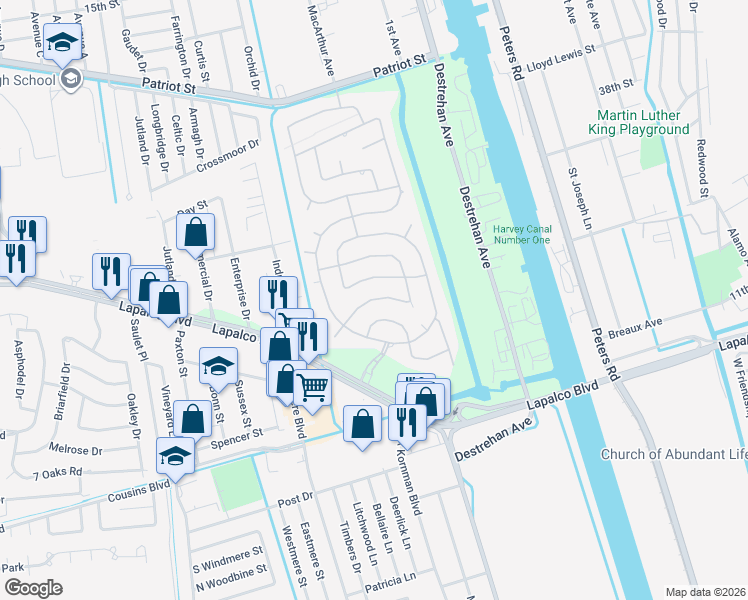 map of restaurants, bars, coffee shops, grocery stores, and more near 3400 Cavendish Place in Harvey