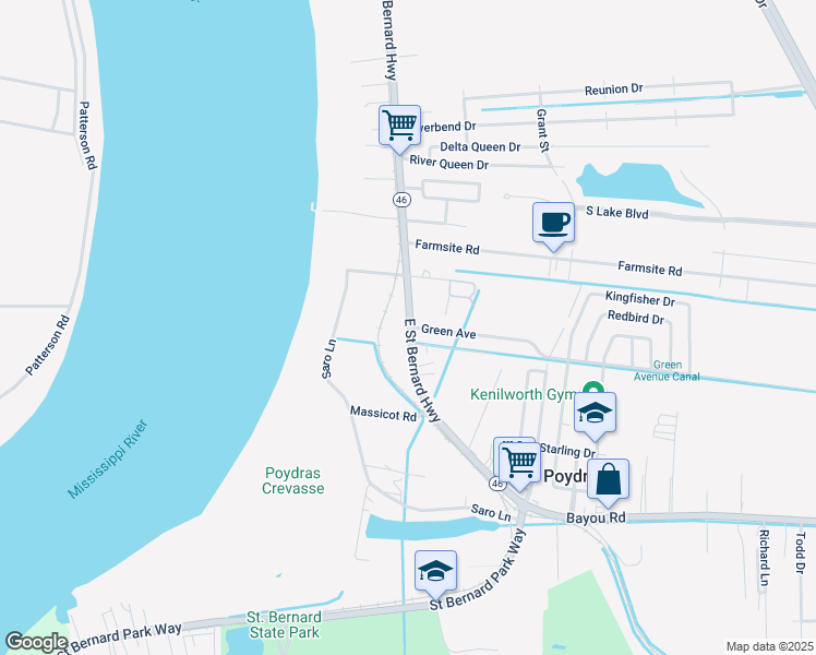 map of restaurants, bars, coffee shops, grocery stores, and more near 1201 Green Avenue in Saint Bernard
