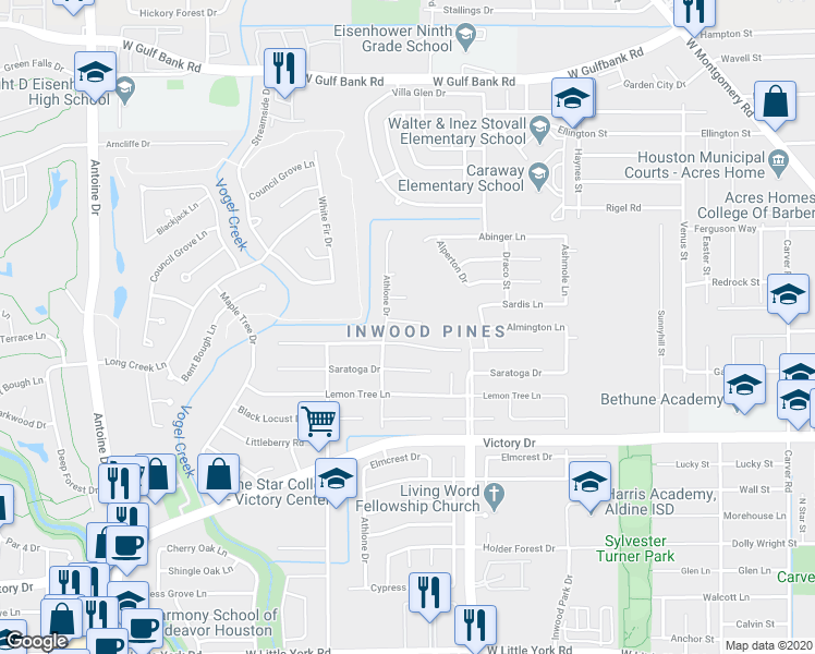 map of restaurants, bars, coffee shops, grocery stores, and more near 3907 Almington Lane in Houston