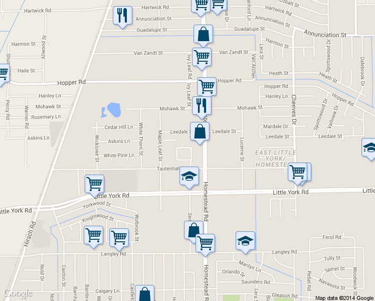map of restaurants, bars, coffee shops, grocery stores, and more near 5811 Darlington Oak Street in Houston