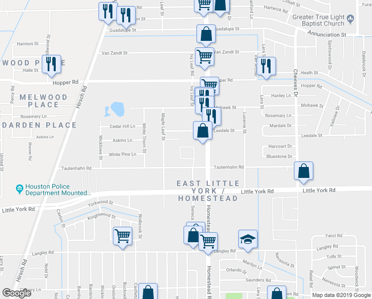map of restaurants, bars, coffee shops, grocery stores, and more near 5811 Darlington Oak Street in Houston