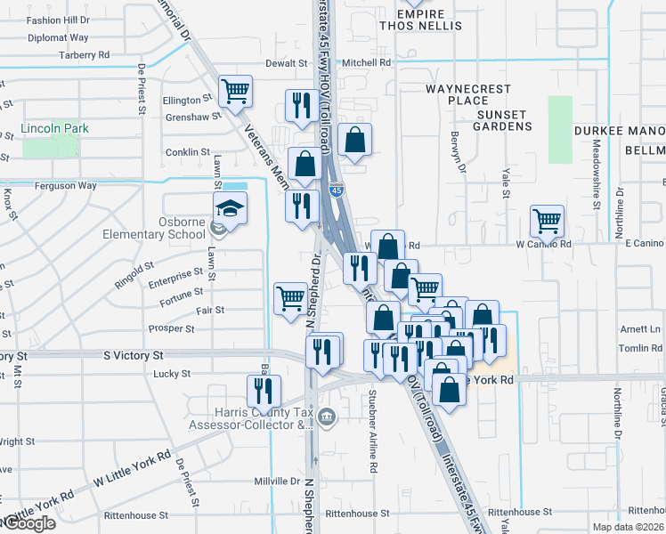 map of restaurants, bars, coffee shops, grocery stores, and more near 7936-8062 North Shepherd Drive in Houston