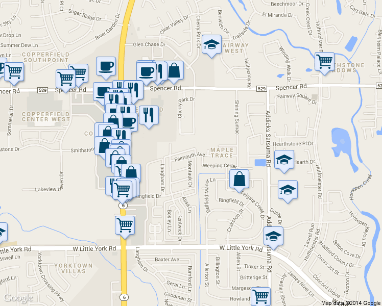 map of restaurants, bars, coffee shops, grocery stores, and more near 15325 Falmouth Avenue in Houston