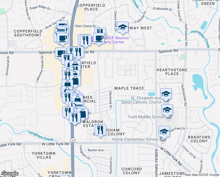 map of restaurants, bars, coffee shops, grocery stores, and more near 15325 Falmouth Avenue in Houston