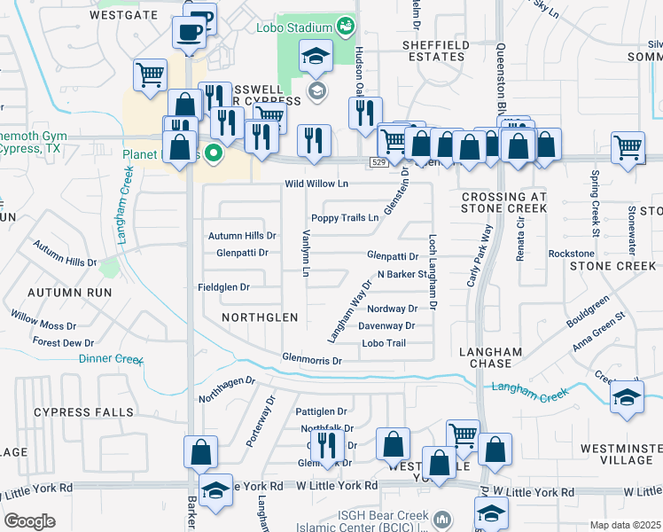 map of restaurants, bars, coffee shops, grocery stores, and more near 17515 Wolf Hollow Drive in Houston