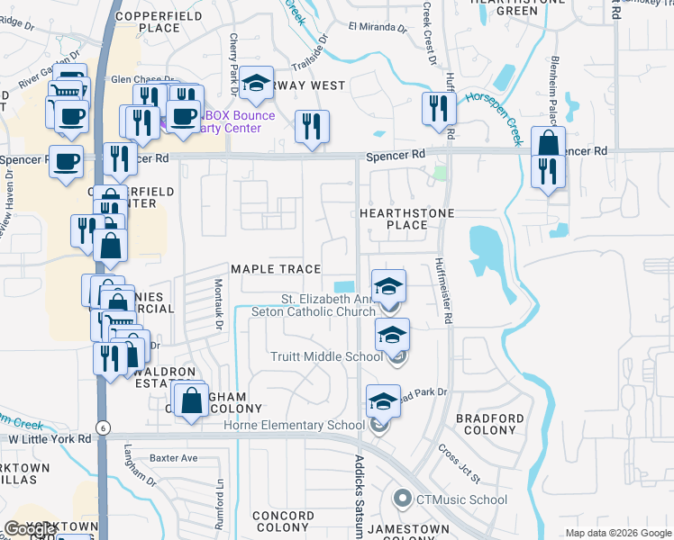 map of restaurants, bars, coffee shops, grocery stores, and more near 6714 Cleft Stone Drive in Houston