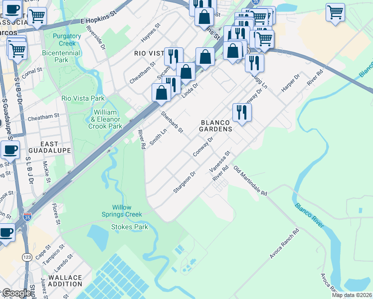 map of restaurants, bars, coffee shops, grocery stores, and more near 801 Conway Drive in San Marcos