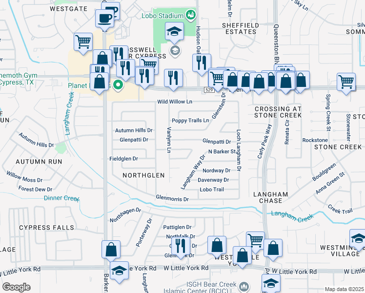 map of restaurants, bars, coffee shops, grocery stores, and more near 17515 Wolf Hollow Drive in Houston