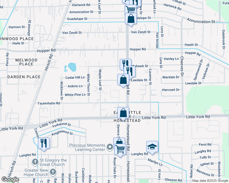 map of restaurants, bars, coffee shops, grocery stores, and more near 5826 Northern Oak Street in Houston