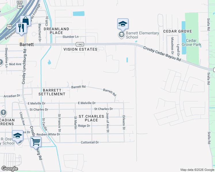 map of restaurants, bars, coffee shops, grocery stores, and more near 547 Barrett Road in Crosby