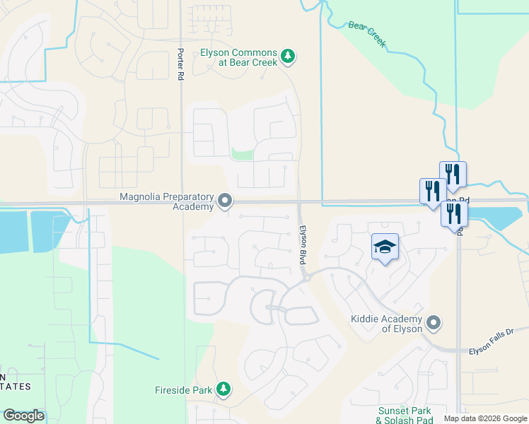 map of restaurants, bars, coffee shops, grocery stores, and more near 23642 Kingston Ridge Way in Katy