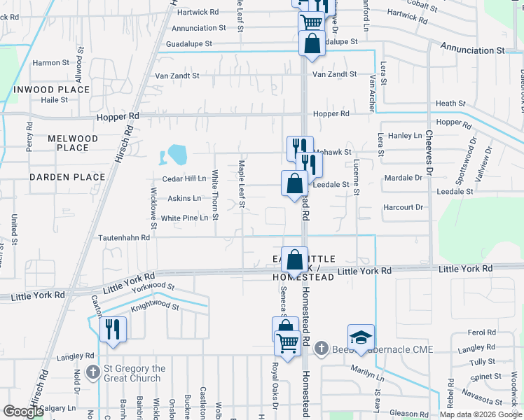 map of restaurants, bars, coffee shops, grocery stores, and more near 5811 Darlington Oak Street in Houston