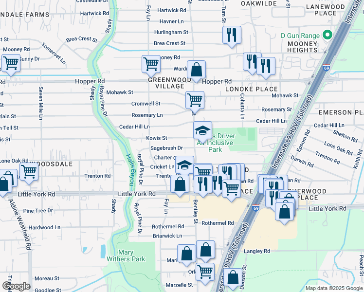 map of restaurants, bars, coffee shops, grocery stores, and more near 3047 Charter Oaks Drive in Houston