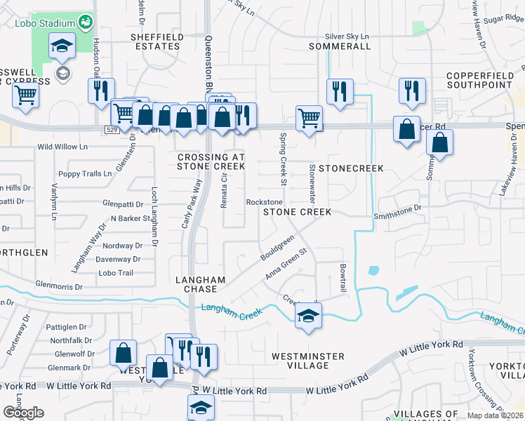 map of restaurants, bars, coffee shops, grocery stores, and more near 6719 Bliss Trail in Houston