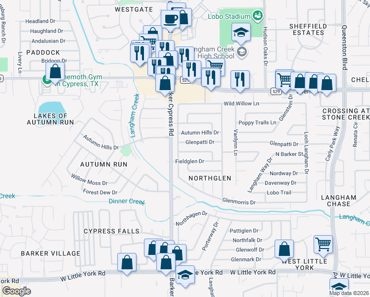 map of restaurants, bars, coffee shops, grocery stores, and more near 17911 Wolf Hollow Drive in Houston