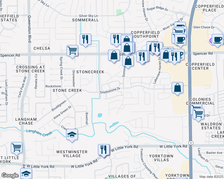 map of restaurants, bars, coffee shops, grocery stores, and more near 16334 Hillside Garden Lane in Houston