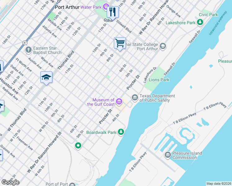 map of restaurants, bars, coffee shops, grocery stores, and more near 747 Procter Street in Port Arthur