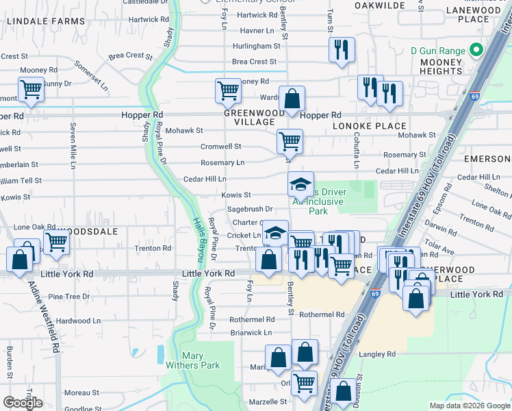 map of restaurants, bars, coffee shops, grocery stores, and more near 3047 Charter Oaks Drive in Houston