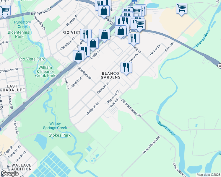 map of restaurants, bars, coffee shops, grocery stores, and more near 809 Sturgeon Drive in San Marcos
