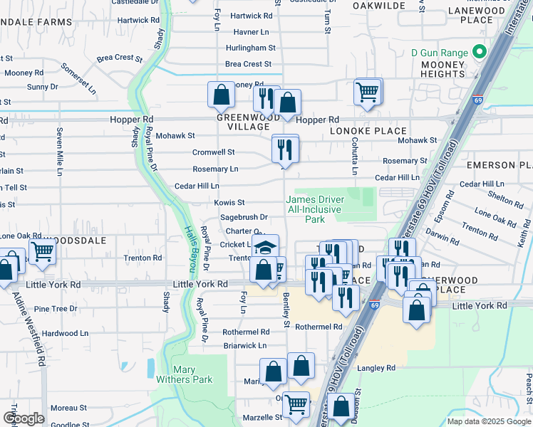 map of restaurants, bars, coffee shops, grocery stores, and more near 3047 Charter Oaks Drive in Houston