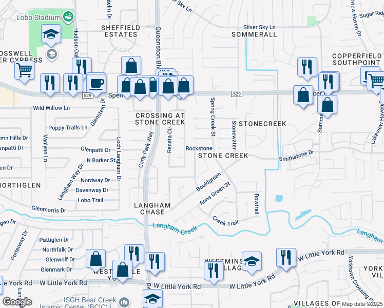 map of restaurants, bars, coffee shops, grocery stores, and more near 6719 Bliss Trail in Houston