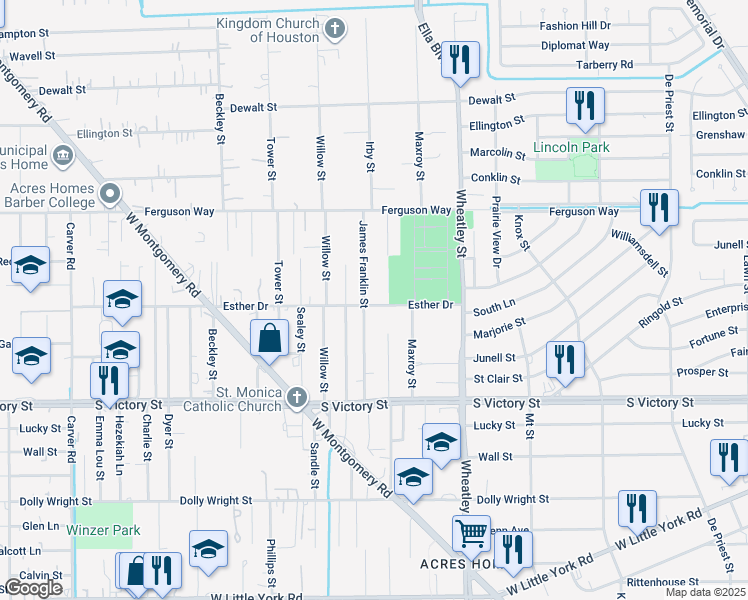 map of restaurants, bars, coffee shops, grocery stores, and more near 1401 Esther Drive in Houston