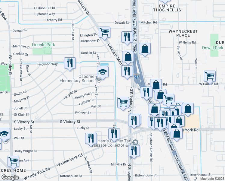 map of restaurants, bars, coffee shops, grocery stores, and more near 751 Enterprise Street in Houston