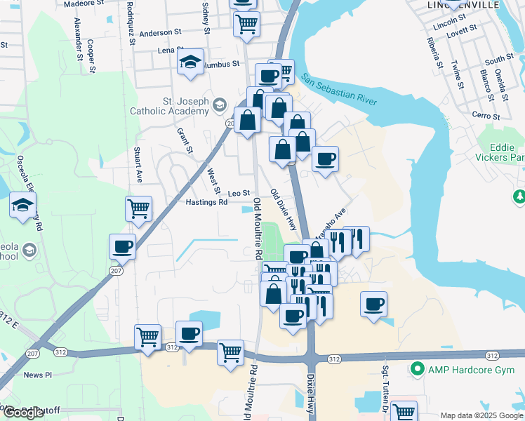 map of restaurants, bars, coffee shops, grocery stores, and more near 1465 Old Dixie Highway in St. Augustine