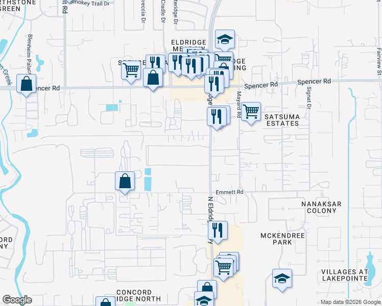 map of restaurants, bars, coffee shops, grocery stores, and more near 6813-6827 North Eldridge Parkway in Houston