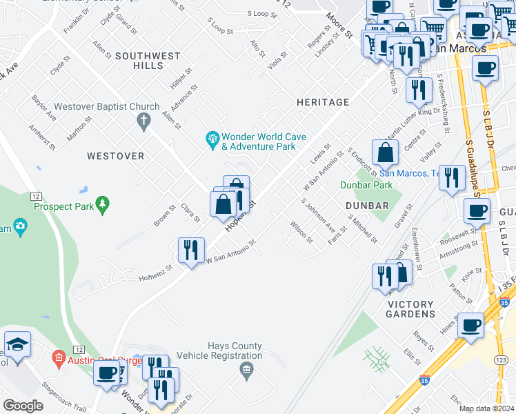 map of restaurants, bars, coffee shops, grocery stores, and more near 122 North Bishop Street in San Marcos