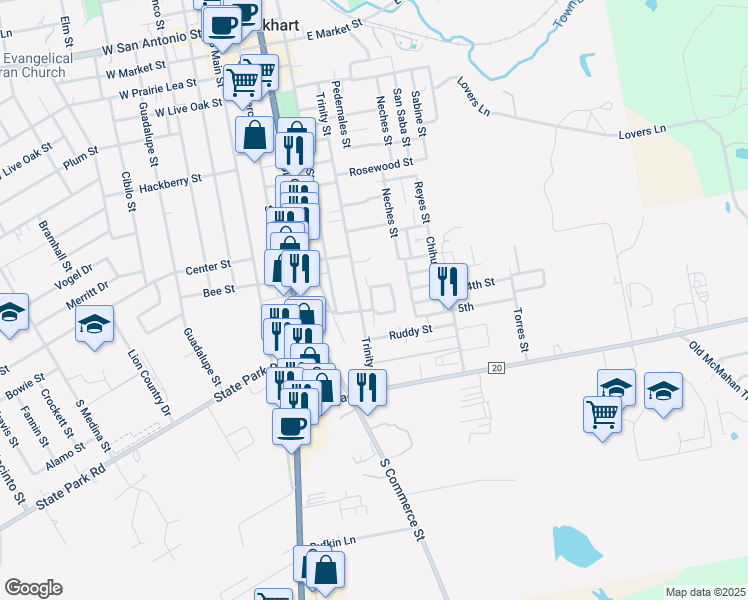 map of restaurants, bars, coffee shops, grocery stores, and more near 12 Trinity Circle in Lockhart