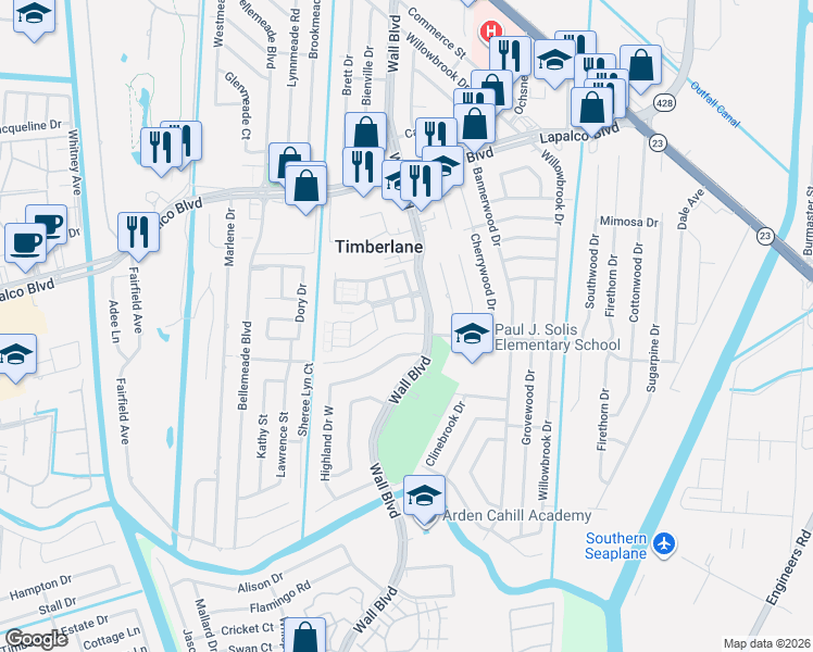 map of restaurants, bars, coffee shops, grocery stores, and more near 2770 Mount Laurel Drive in Gretna