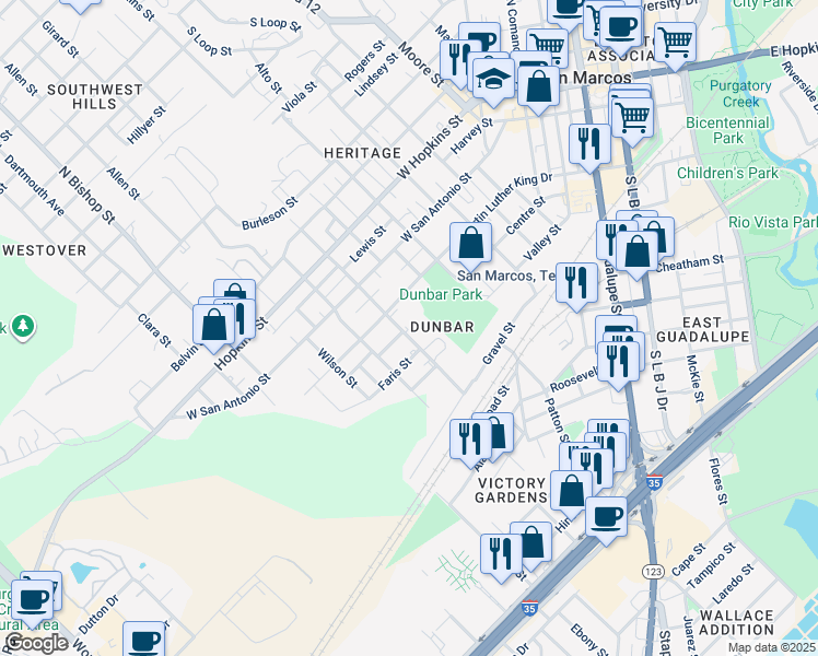 map of restaurants, bars, coffee shops, grocery stores, and more near 1008 Faris Street in San Marcos