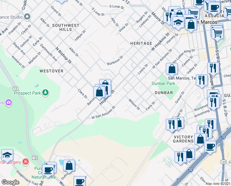 map of restaurants, bars, coffee shops, grocery stores, and more near 1221 West Hopkins Street in San Marcos