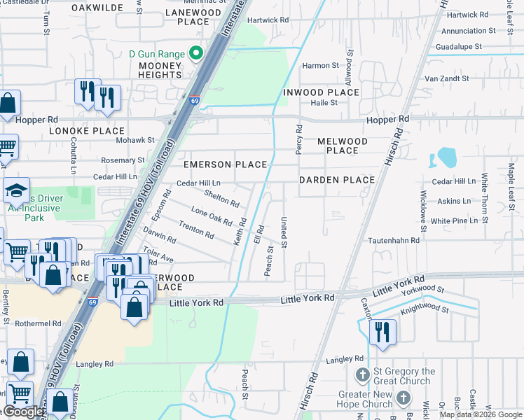 map of restaurants, bars, coffee shops, grocery stores, and more near 11025 United Street in Houston