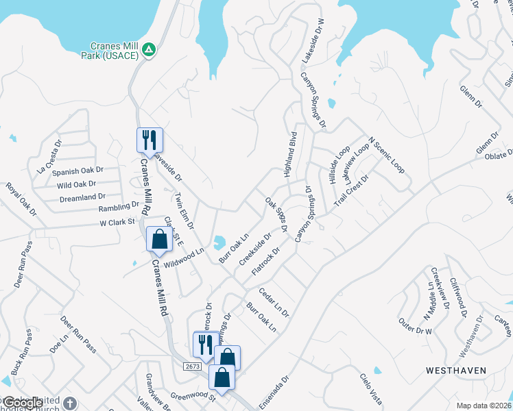 map of restaurants, bars, coffee shops, grocery stores, and more near 709 Burr Oak Lane in Canyon Lake