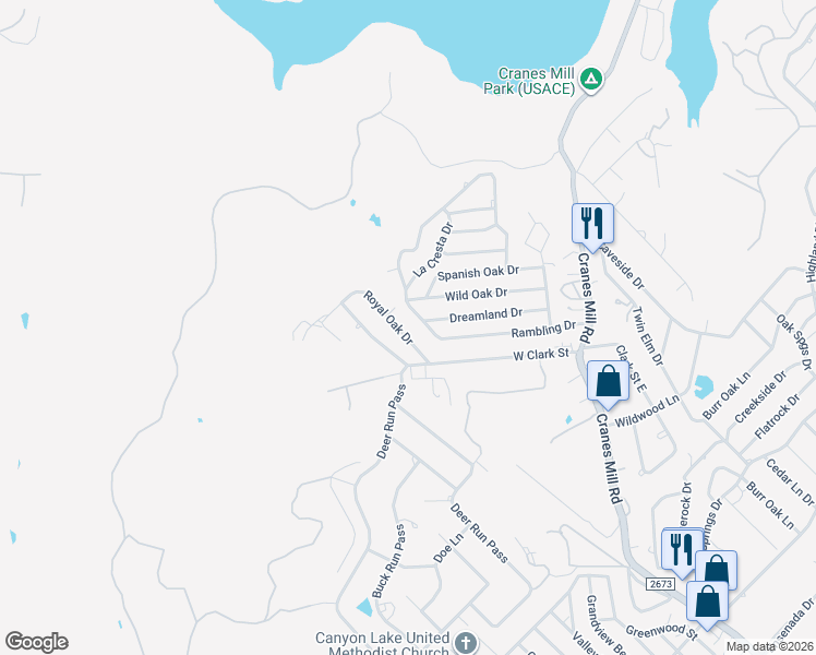 map of restaurants, bars, coffee shops, grocery stores, and more near 509 Royal Oak Drive in Canyon Lake