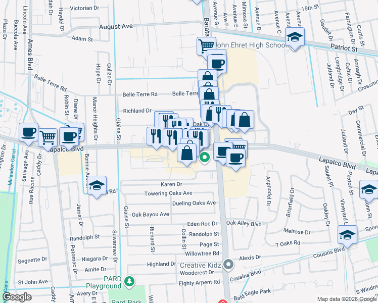 map of restaurants, bars, coffee shops, grocery stores, and more near 5054 Lapalco Boulevard in Marrero