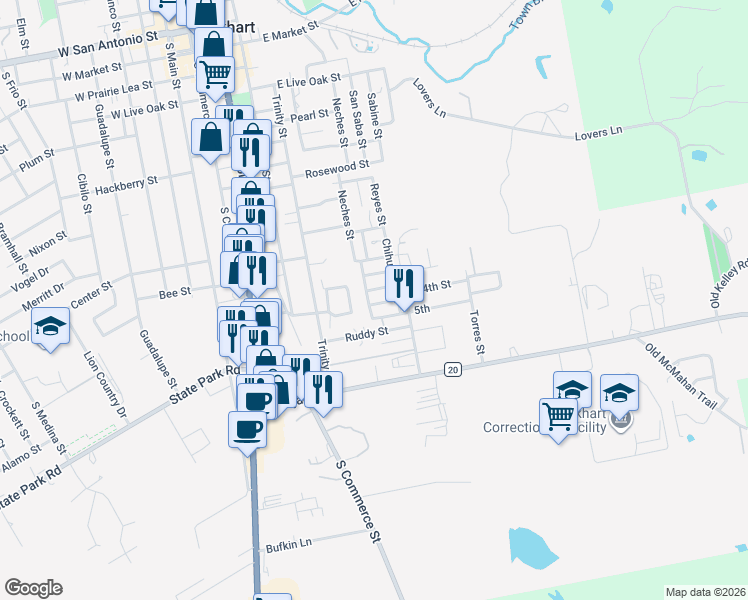 map of restaurants, bars, coffee shops, grocery stores, and more near 800 2nd Street in Lockhart