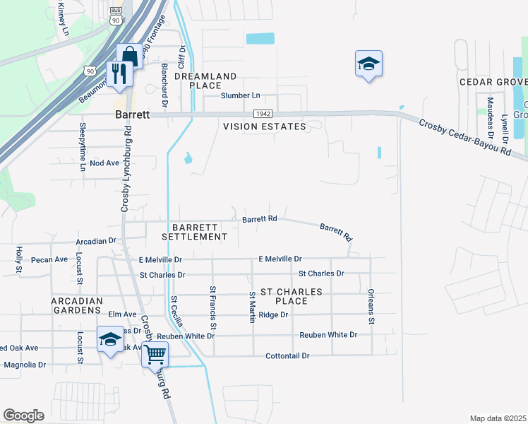 map of restaurants, bars, coffee shops, grocery stores, and more near 433 Barrett Road in Crosby