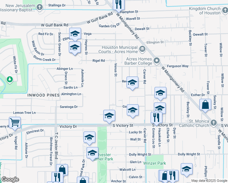 map of restaurants, bars, coffee shops, grocery stores, and more near 8211 Sunnyhill Street in Houston