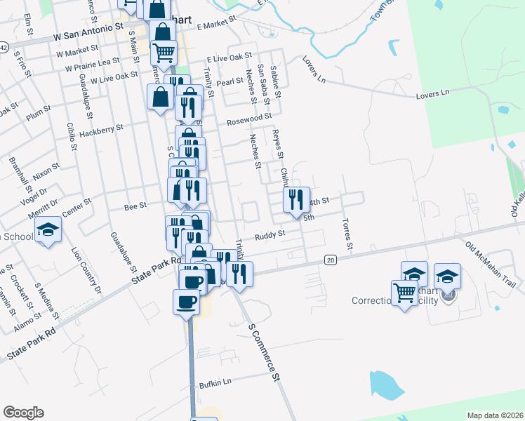 map of restaurants, bars, coffee shops, grocery stores, and more near 907 Neches Street in Lockhart