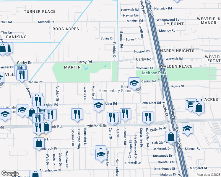 map of restaurants, bars, coffee shops, grocery stores, and more near 606 Canino Road in Houston