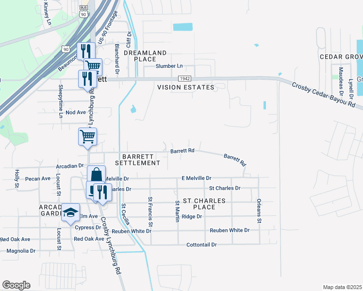 map of restaurants, bars, coffee shops, grocery stores, and more near 433 Barrett Road in Crosby