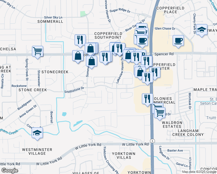 map of restaurants, bars, coffee shops, grocery stores, and more near Smithstone Drive in Houston