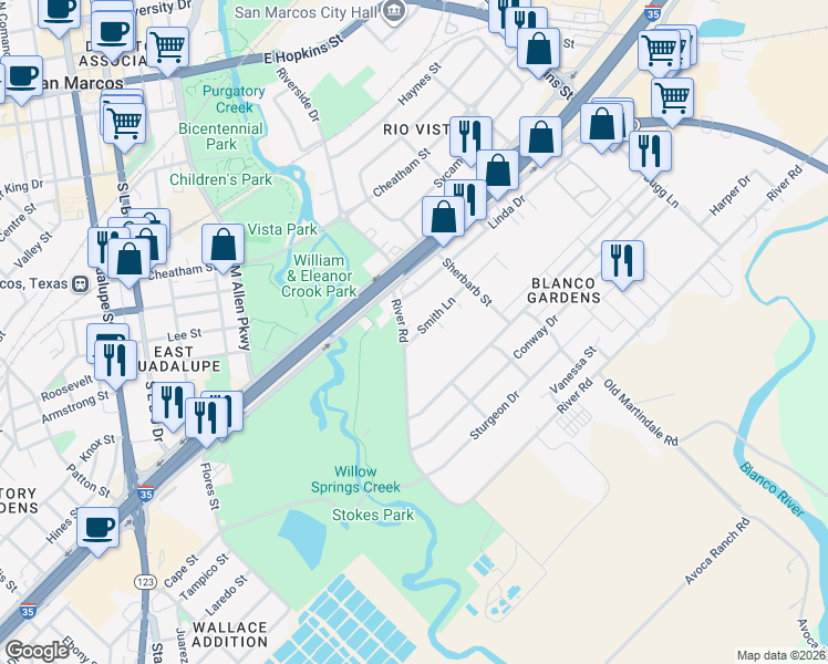 map of restaurants, bars, coffee shops, grocery stores, and more near 502 River Road in San Marcos