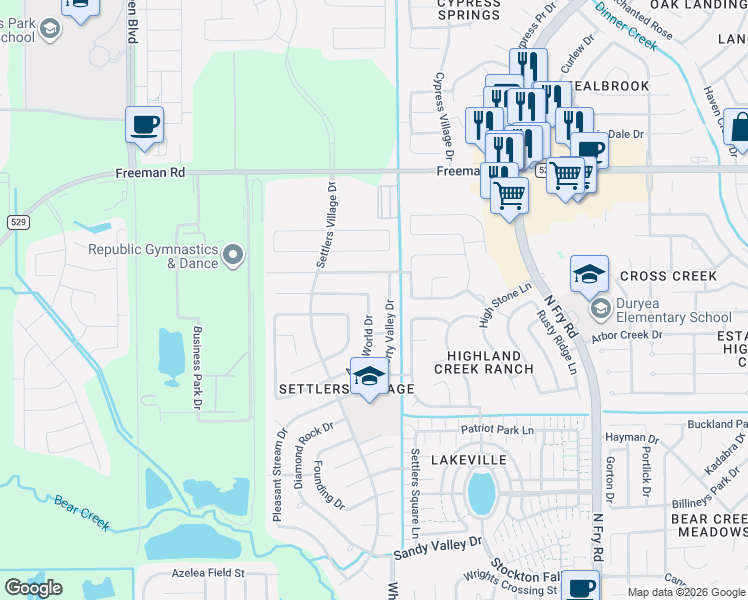 map of restaurants, bars, coffee shops, grocery stores, and more near 21011 Carmel Valley Drive in Katy