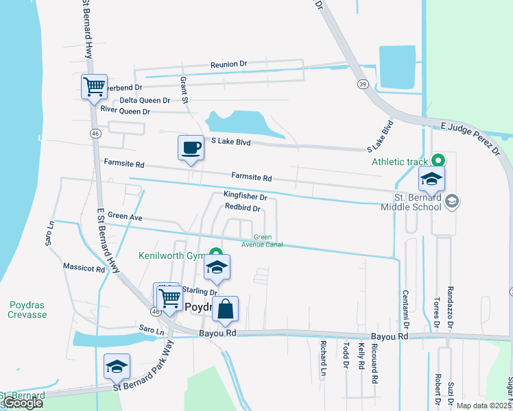 map of restaurants, bars, coffee shops, grocery stores, and more near 2013 Kingfisher Drive in Saint Bernard