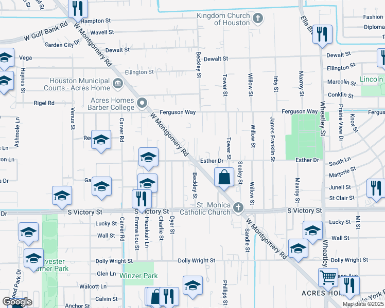 map of restaurants, bars, coffee shops, grocery stores, and more near 1834 Esther Drive in Houston